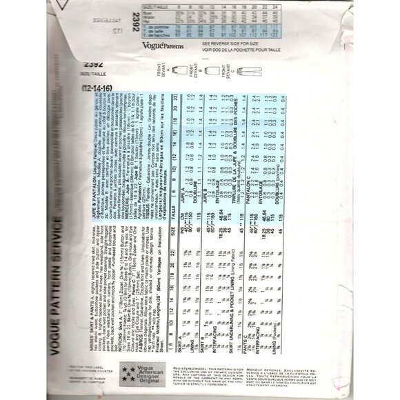 Vogue 2392 Misses 12 to 16 Calvin Klein Skirt and Pants Uncut Sewing Pattern - Picture 2 of 2